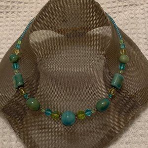 Blues/Greens Beaded and Crystal Necklace